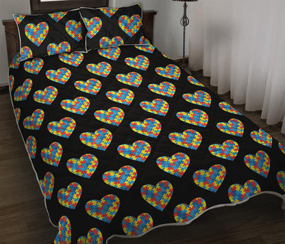 Autism Awareness Heart Pattern Print Quilt Bed Set