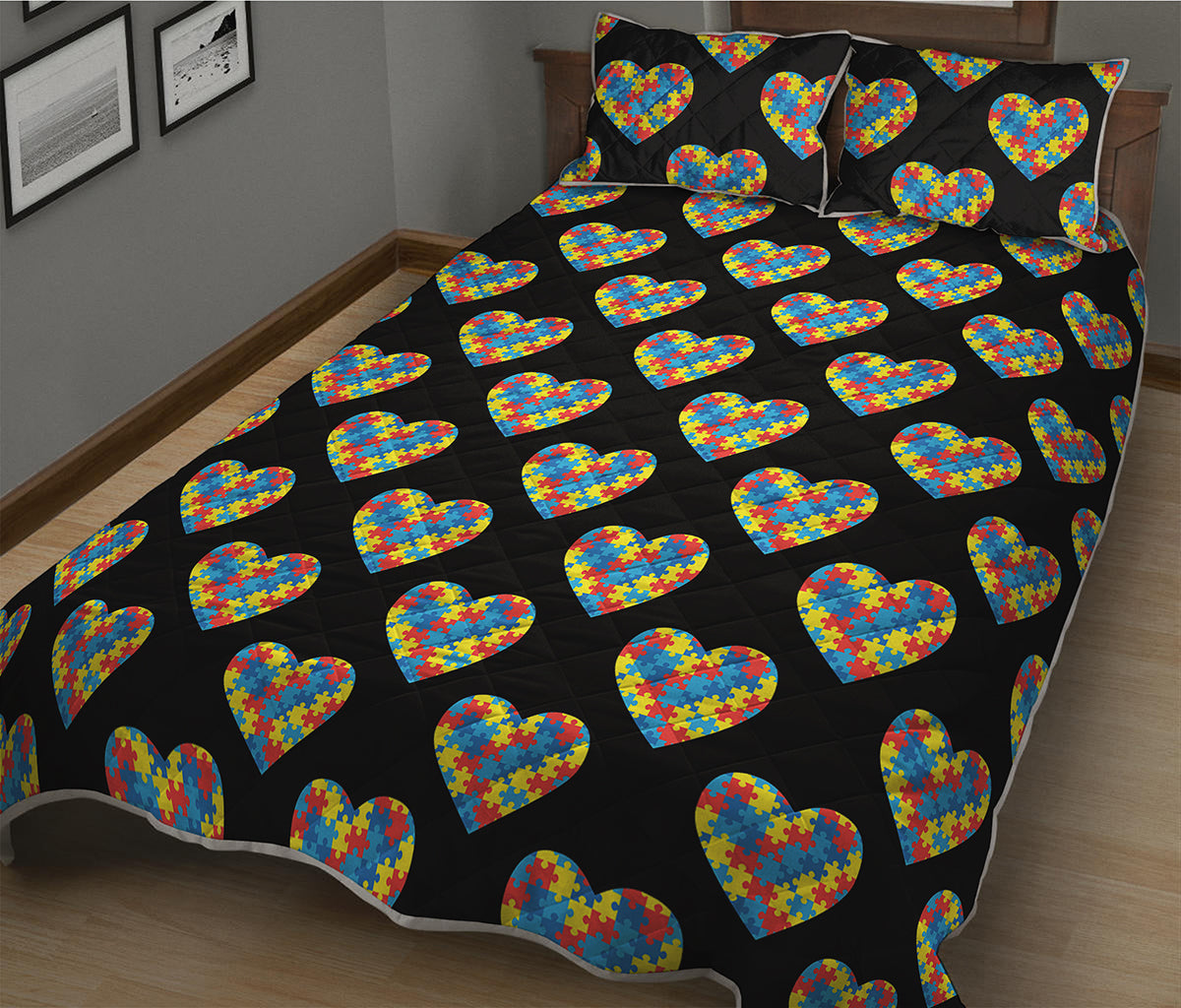 Autism Awareness Heart Pattern Print Quilt Bed Set