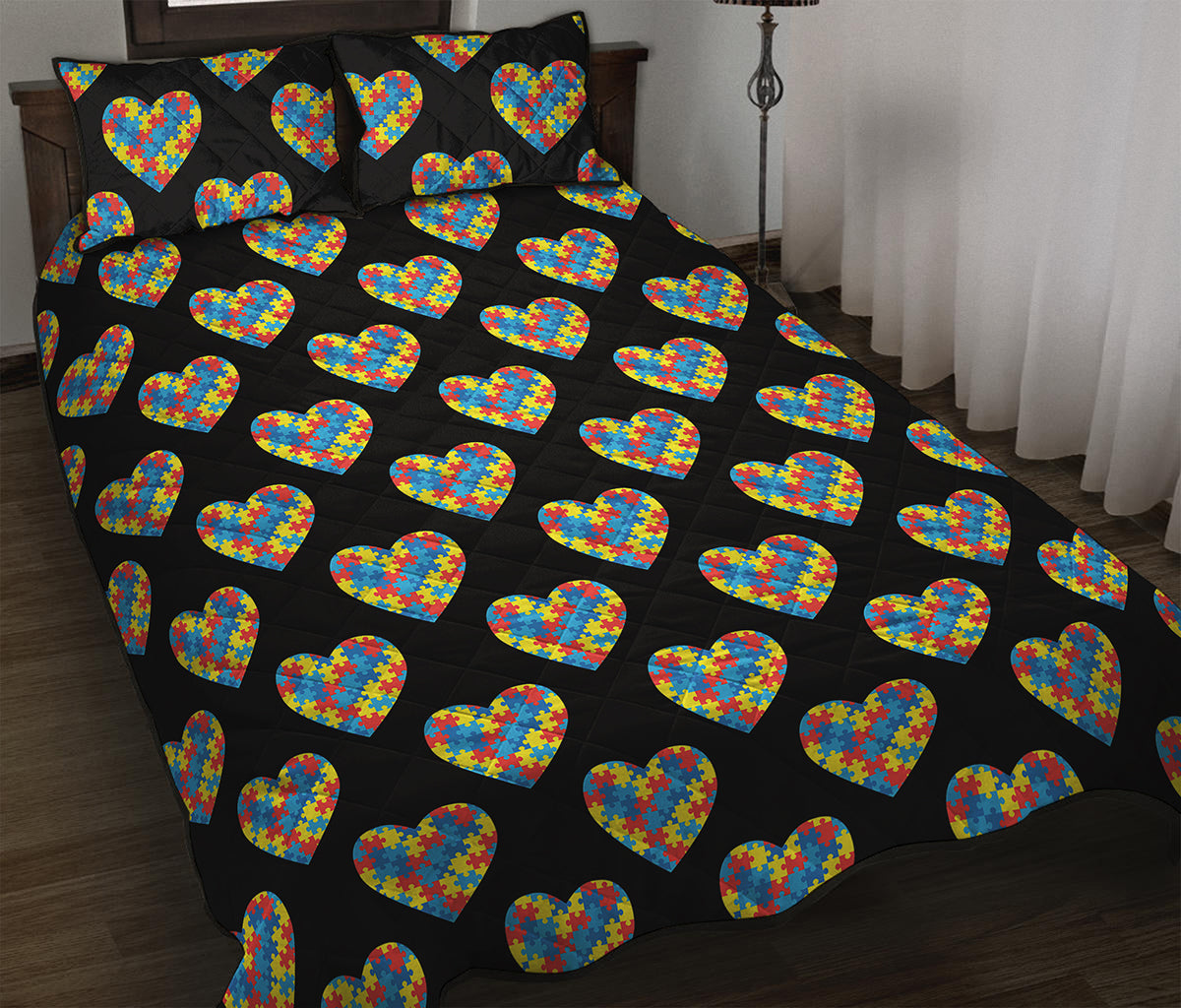 Autism Awareness Heart Pattern Print Quilt Bed Set