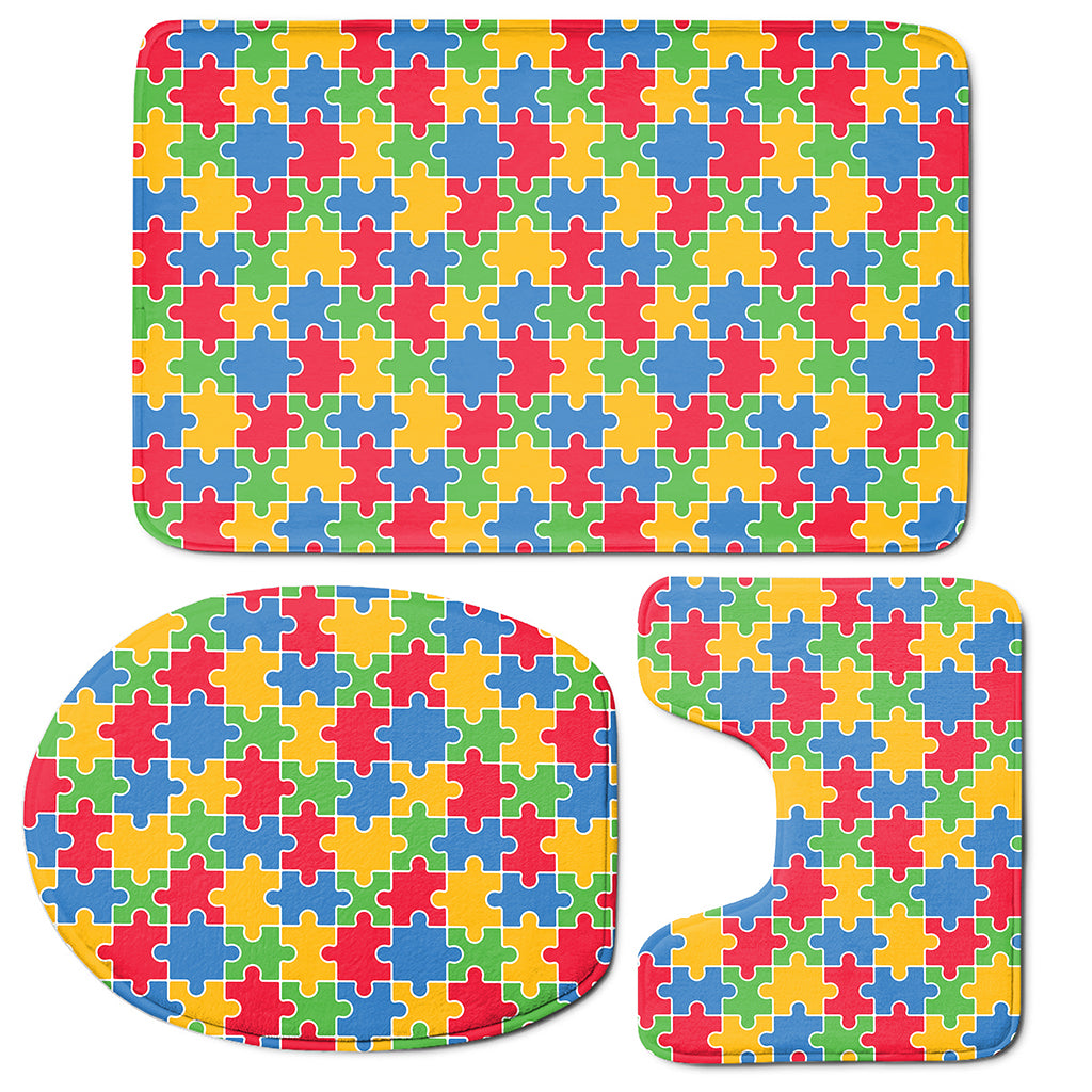 Autism Awareness Jigsaw Pattern Print 3 Piece Bath Mat Set