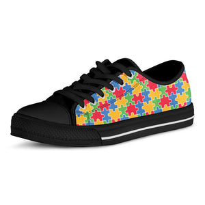 Autism Awareness Jigsaw Pattern Print Black Low Top Shoes