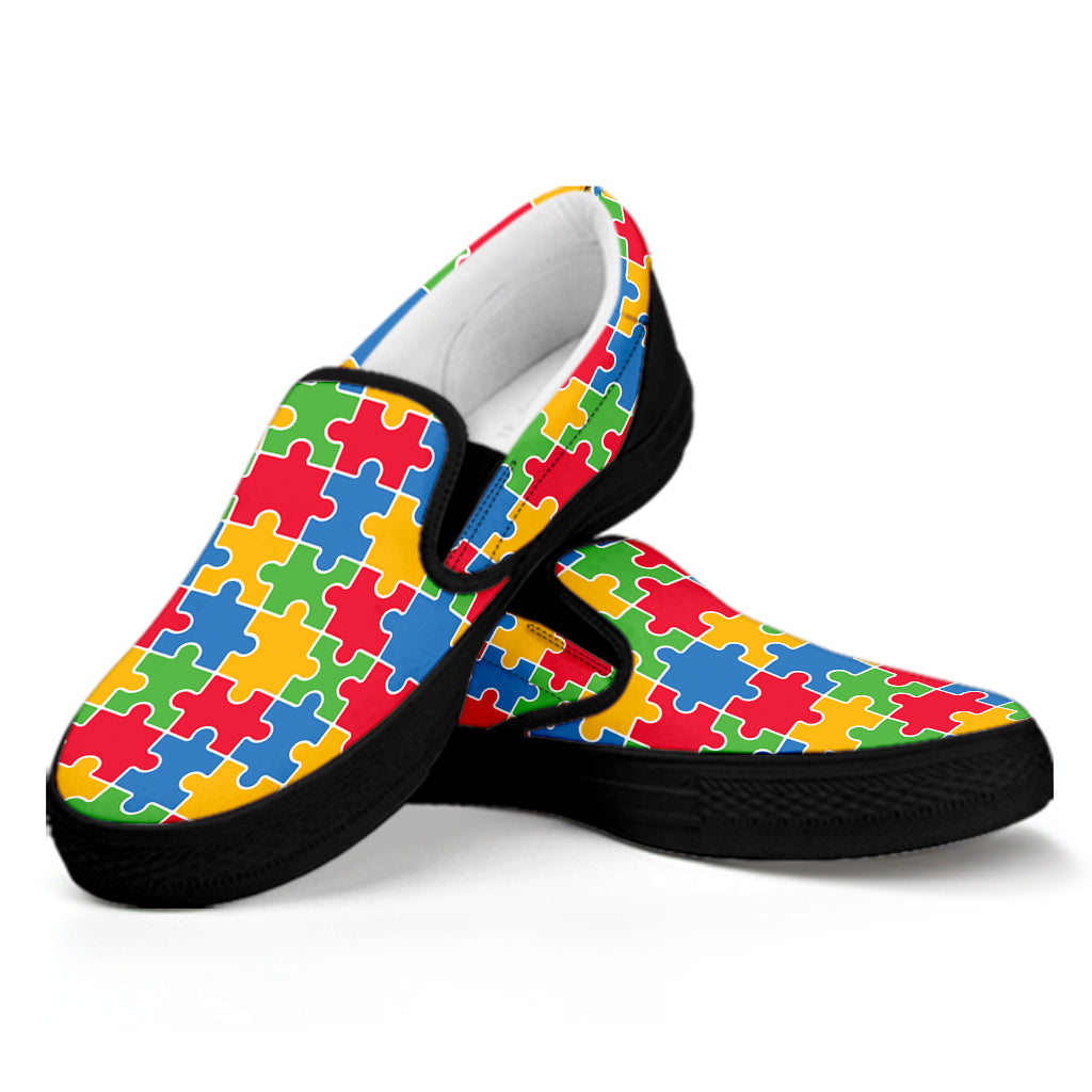 Autism Awareness Jigsaw Pattern Print Black Slip On Shoes