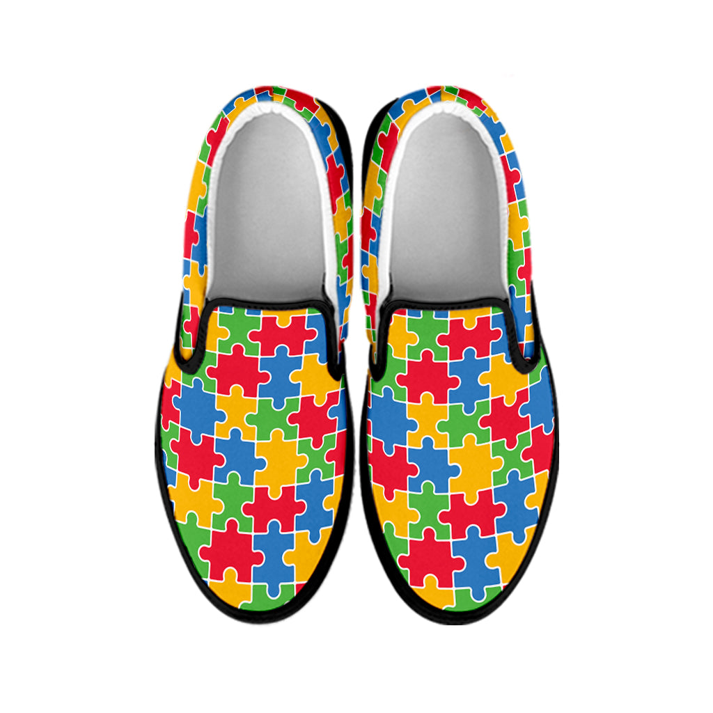 Autism Awareness Jigsaw Pattern Print Black Slip On Shoes