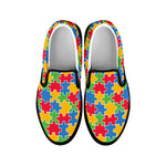 Autism Awareness Jigsaw Pattern Print Black Slip On Shoes