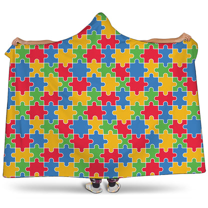 Autism Awareness Jigsaw Pattern Print Hooded Blanket