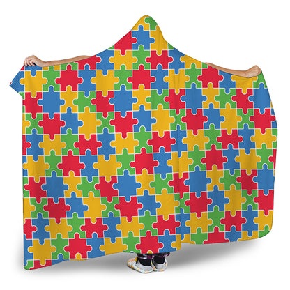 Autism Awareness Jigsaw Pattern Print Hooded Blanket