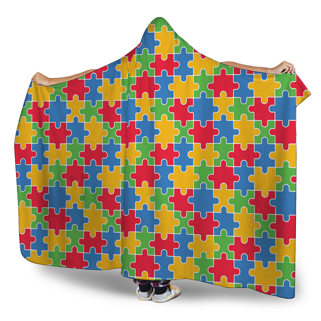 Autism Awareness Jigsaw Pattern Print Hooded Blanket