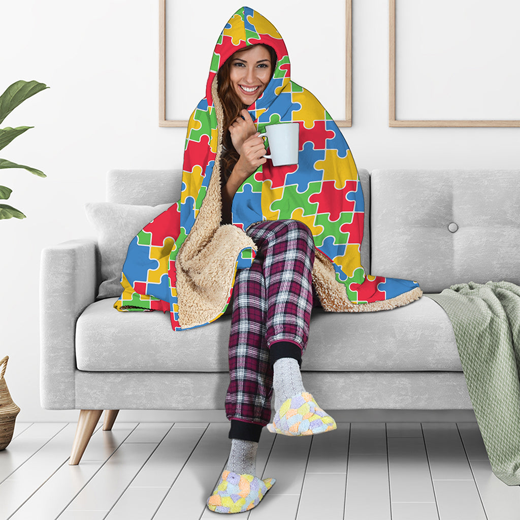 Autism Awareness Jigsaw Pattern Print Hooded Blanket