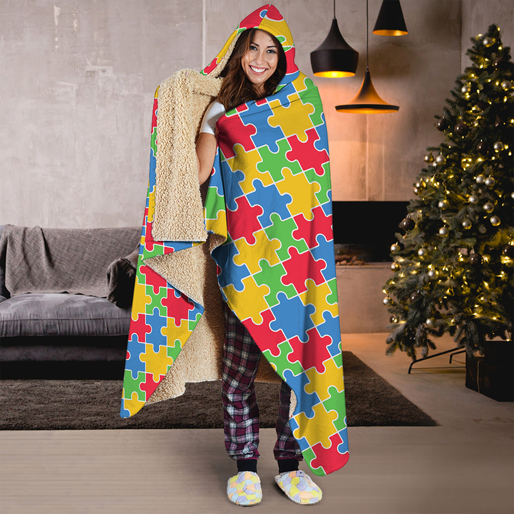 Autism Awareness Jigsaw Pattern Print Hooded Blanket