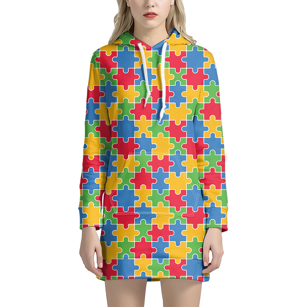 Autism Awareness Jigsaw Pattern Print Hoodie Dress