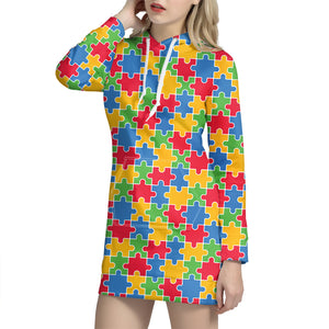 Autism Awareness Jigsaw Pattern Print Hoodie Dress