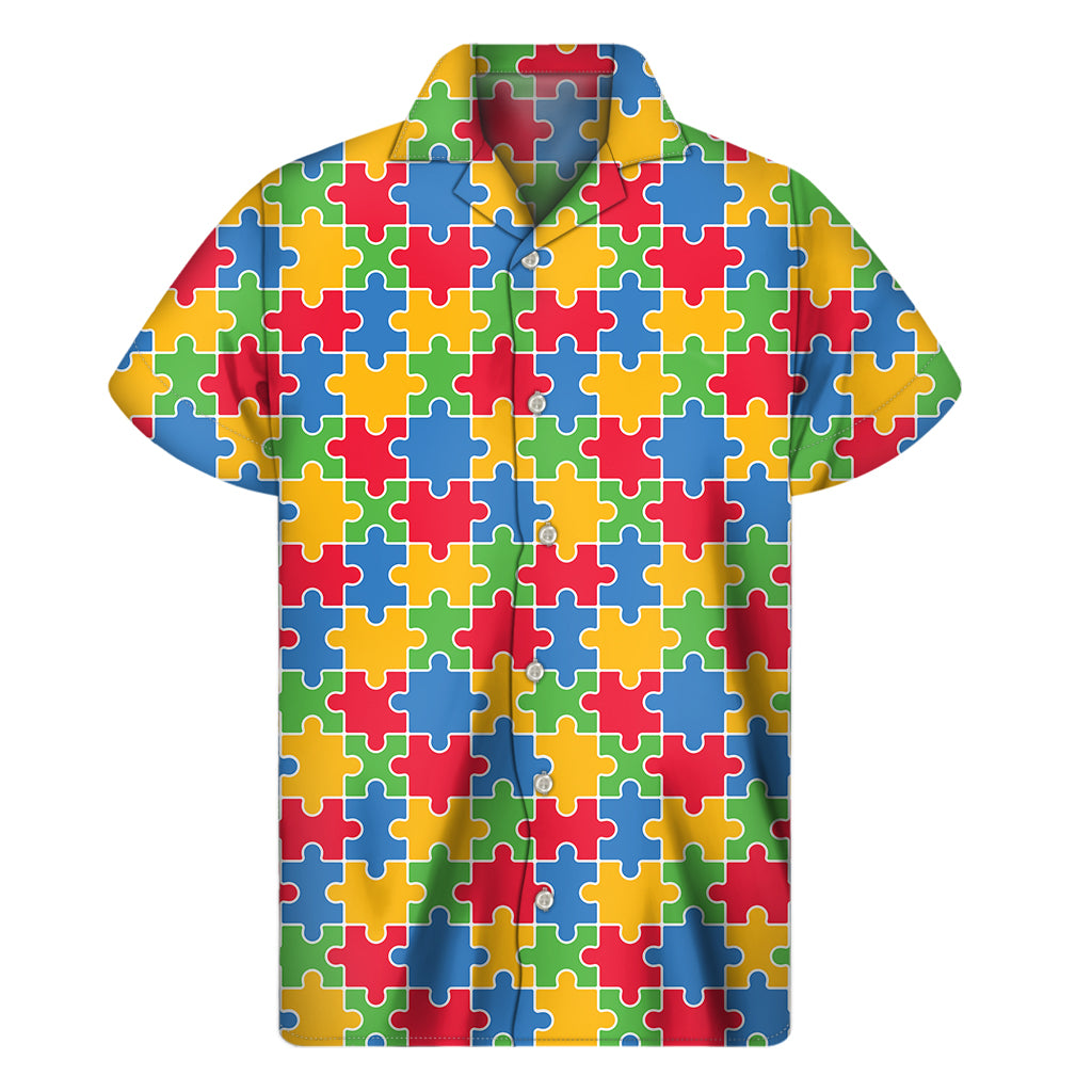 Autism Awareness Jigsaw Pattern Print Men's Short Sleeve Shirt