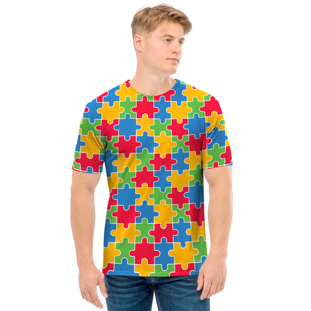 Autism Awareness Jigsaw Pattern Print Men's T-Shirt