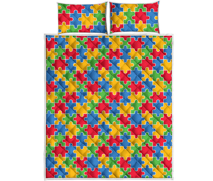 Autism Awareness Jigsaw Pattern Print Quilt Bed Set