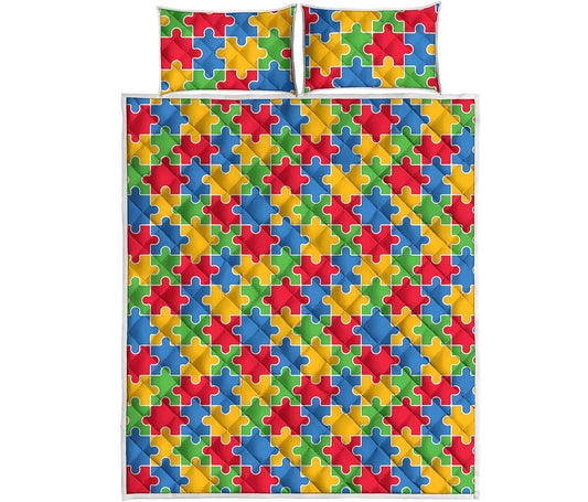 Autism Awareness Jigsaw Pattern Print Quilt Bed Set