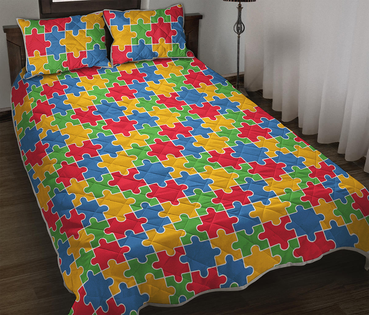 Autism Awareness Jigsaw Pattern Print Quilt Bed Set