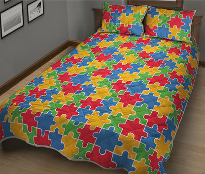 Autism Awareness Jigsaw Pattern Print Quilt Bed Set
