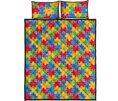 Autism Awareness Jigsaw Pattern Print Quilt Bed Set