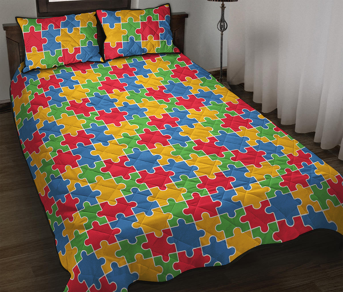 Autism Awareness Jigsaw Pattern Print Quilt Bed Set