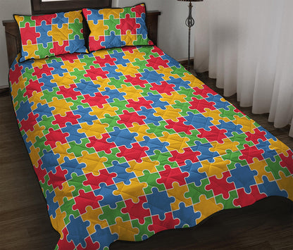 Autism Awareness Jigsaw Pattern Print Quilt Bed Set
