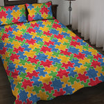 Autism Awareness Jigsaw Pattern Print Quilt Bed Set