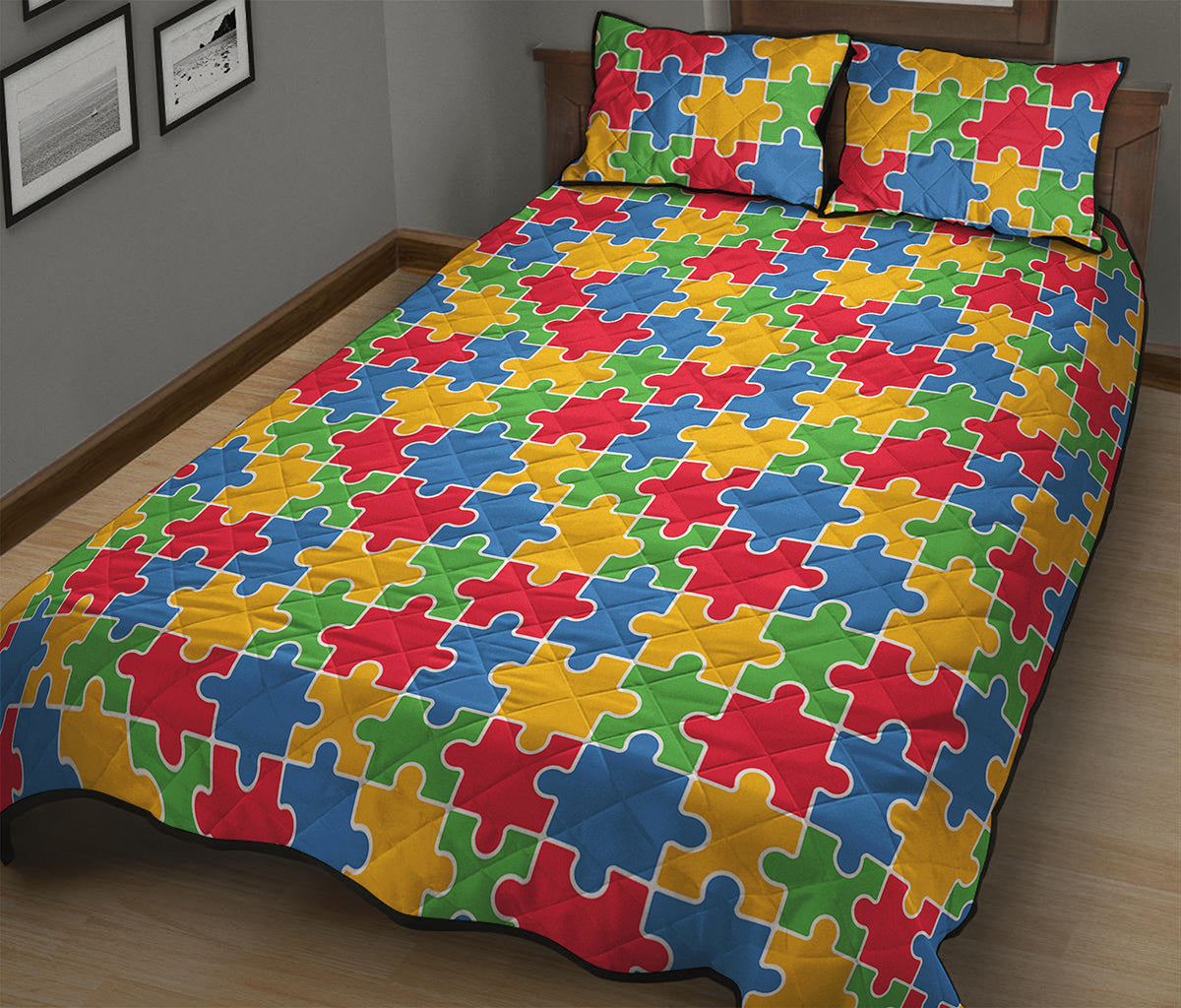 Autism Awareness Jigsaw Pattern Print Quilt Bed Set