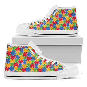 Autism Awareness Jigsaw Pattern Print White High Top Shoes