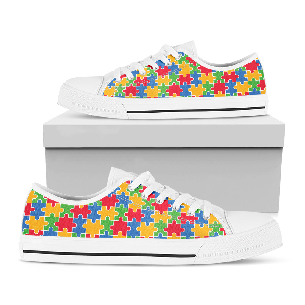 Autism Awareness Jigsaw Pattern Print White Low Top Shoes