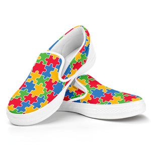 Autism Awareness Jigsaw Pattern Print White Slip On Shoes