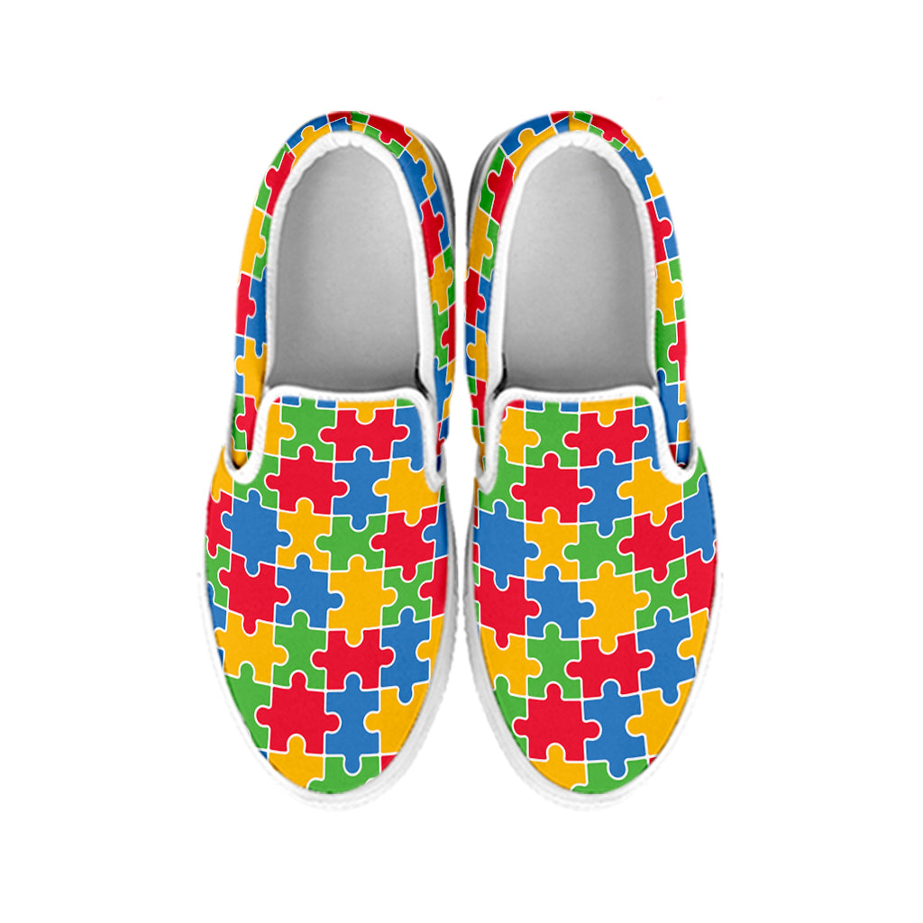 Autism Awareness Jigsaw Pattern Print White Slip On Shoes