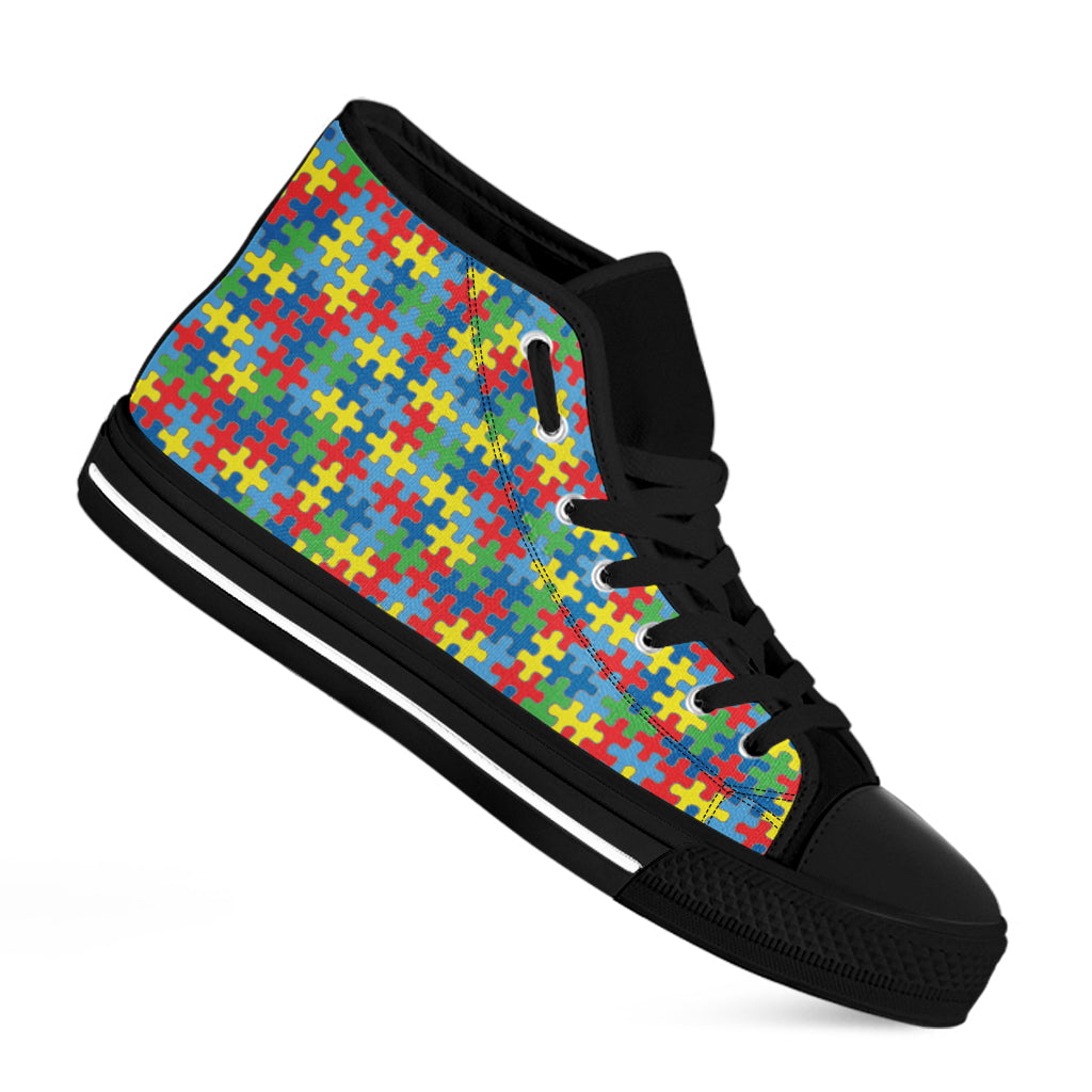 Autism Awareness Jigsaw Print Black High Top Shoes