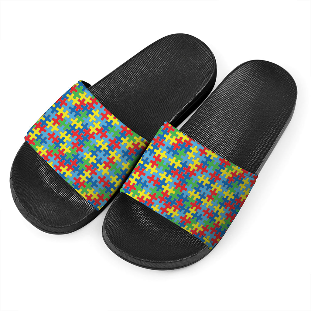 Autism Awareness Jigsaw Print Black Slide Sandals