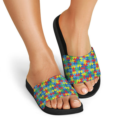 Autism Awareness Jigsaw Print Black Slide Sandals