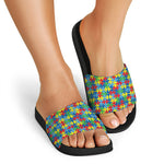 Autism Awareness Jigsaw Print Black Slide Sandals