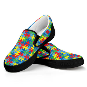 Autism Awareness Jigsaw Print Black Slip On Shoes