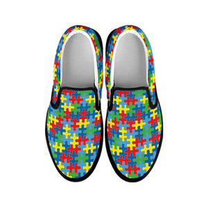 Autism Awareness Jigsaw Print Black Slip On Shoes