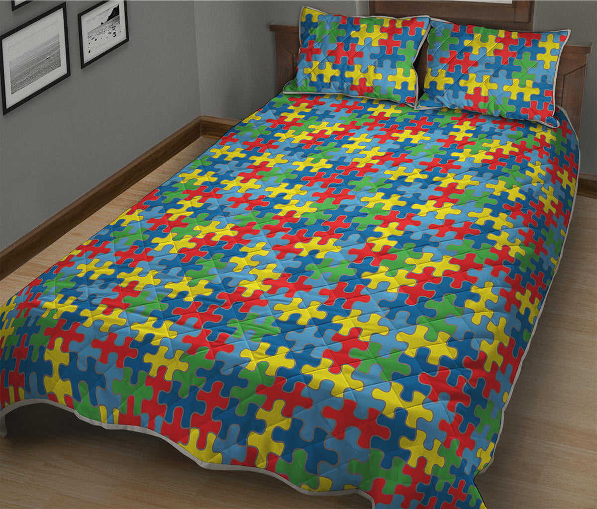 Autism Awareness Jigsaw Print Quilt Bed Set
