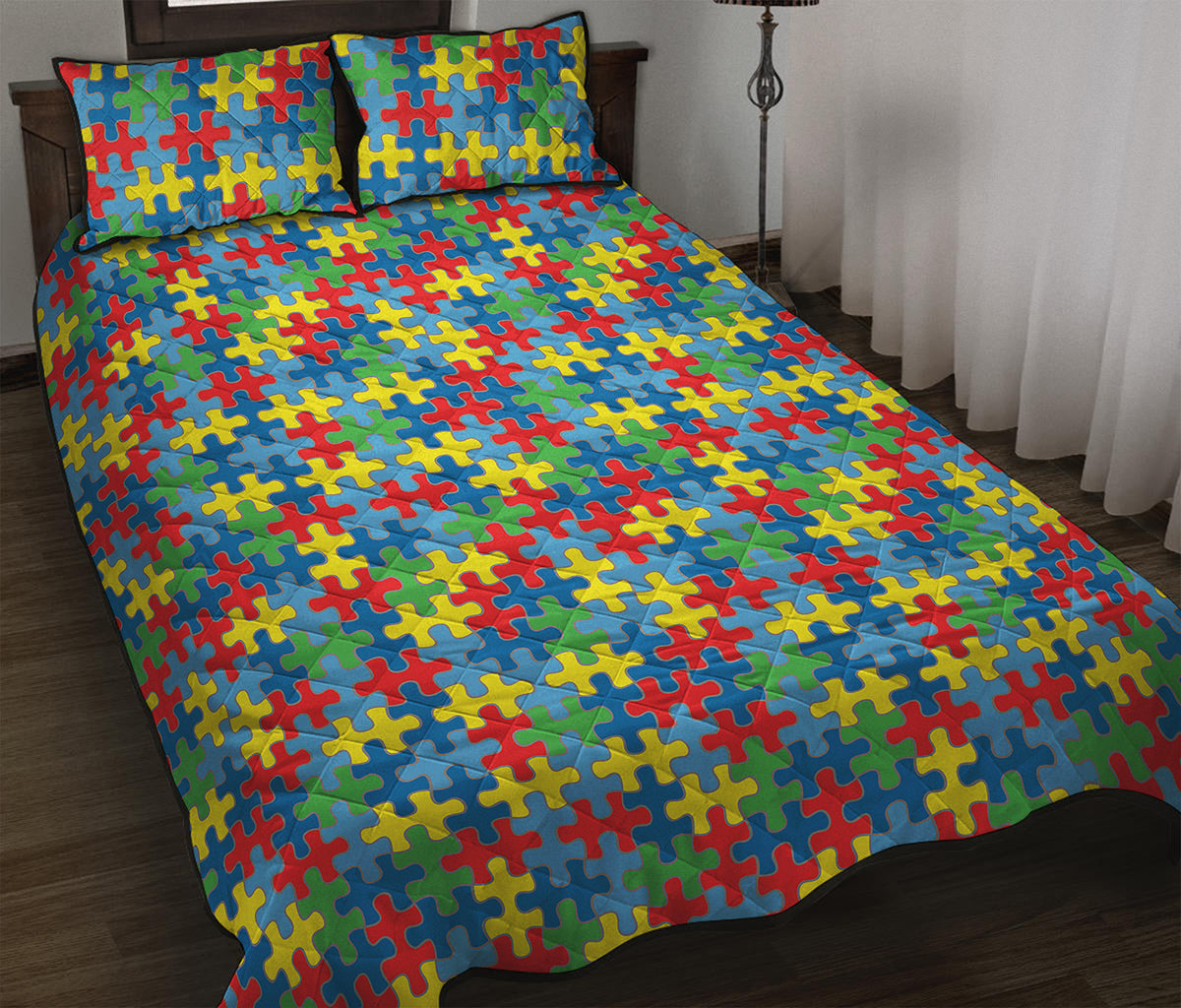 Autism Awareness Jigsaw Print Quilt Bed Set