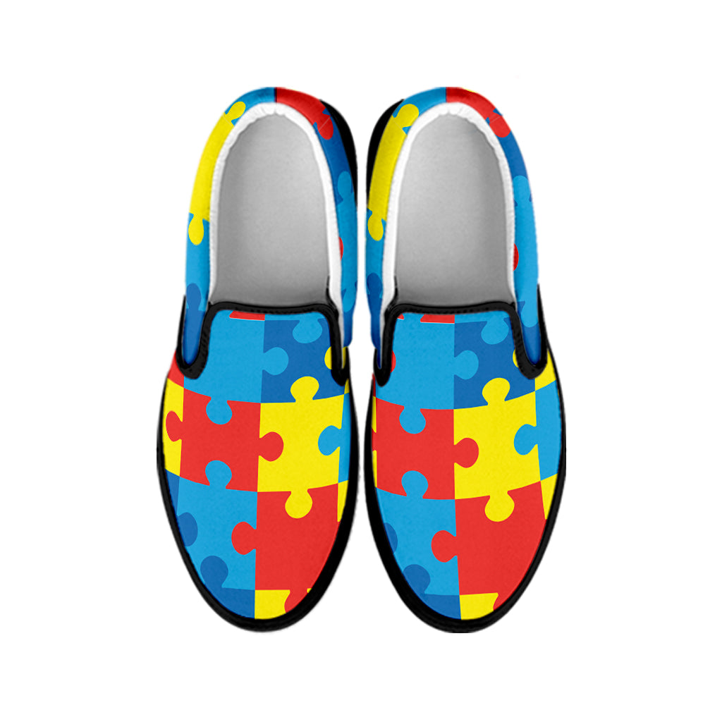 Autism Awareness Pattern Print Black Slip On Shoes