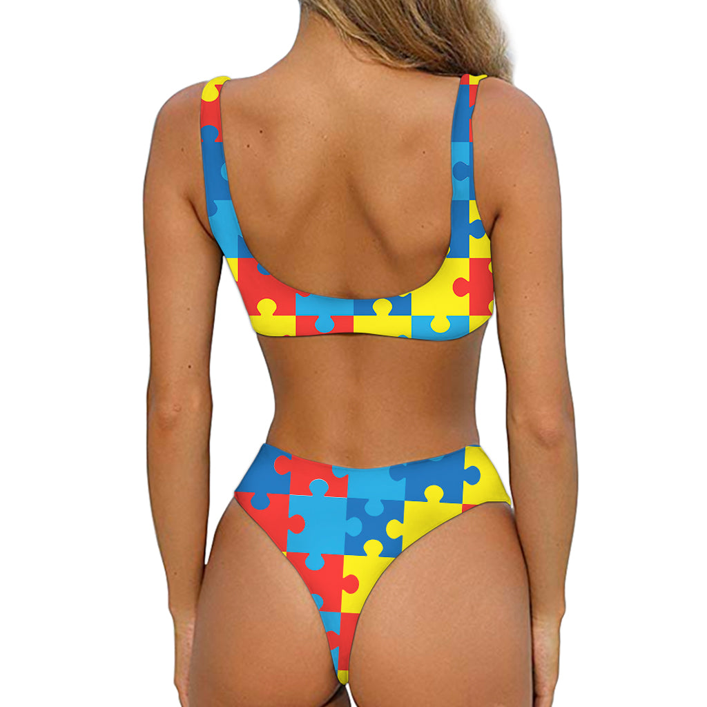 Autism Awareness Pattern Print Front Bow Tie Bikini