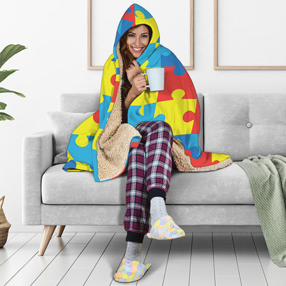 Autism Awareness Pattern Print Hooded Blanket