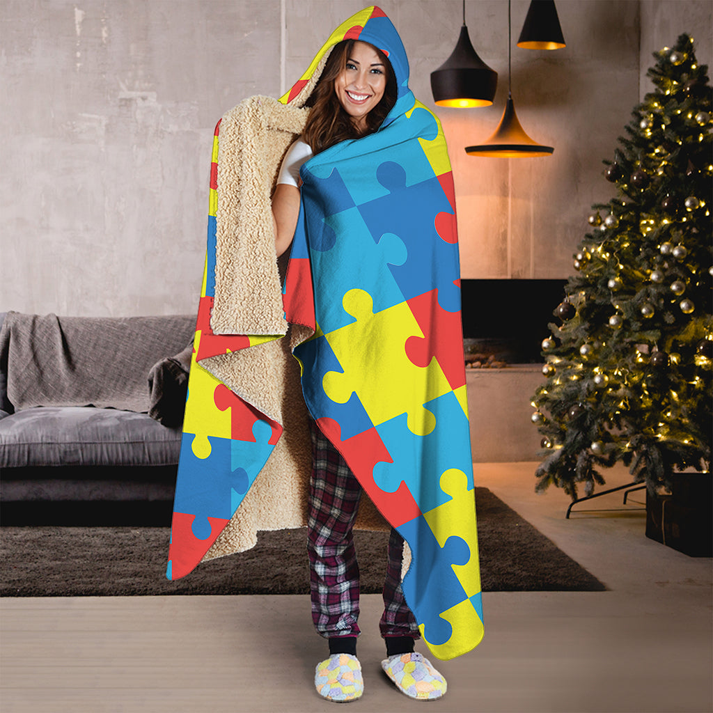 Autism Awareness Pattern Print Hooded Blanket