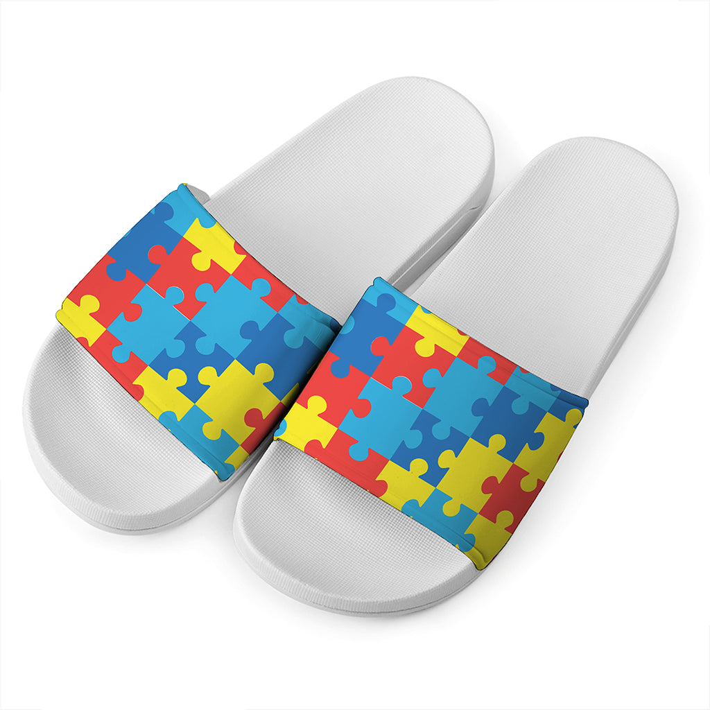 Autism Awareness Pattern Print White Slide Sandals