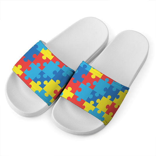 Autism Awareness Pattern Print White Slide Sandals