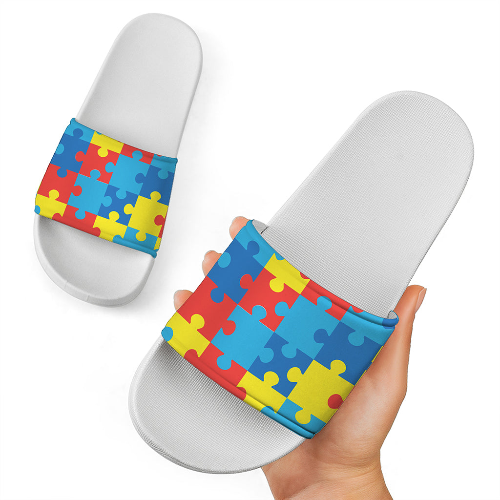 Autism Awareness Pattern Print White Slide Sandals