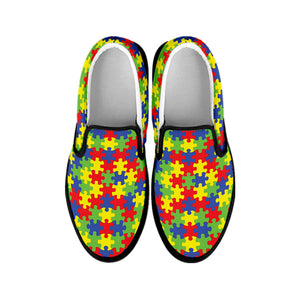 Autism Awareness Puzzle Pattern Print Black Slip On Shoes