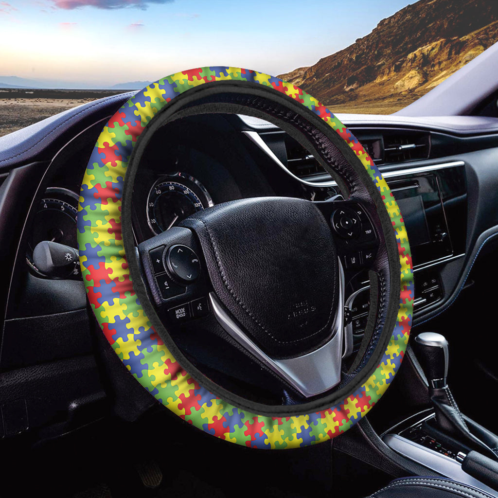 Autism Awareness Puzzle Pattern Print Car Steering Wheel Cover