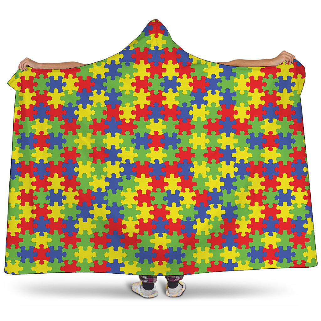 Autism Awareness Puzzle Pattern Print Hooded Blanket
