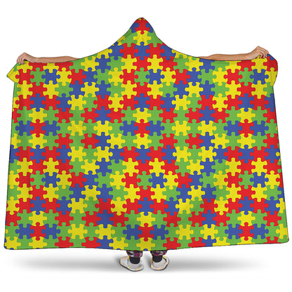 Autism Awareness Puzzle Pattern Print Hooded Blanket
