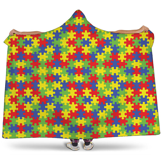 Autism Awareness Puzzle Pattern Print Hooded Blanket